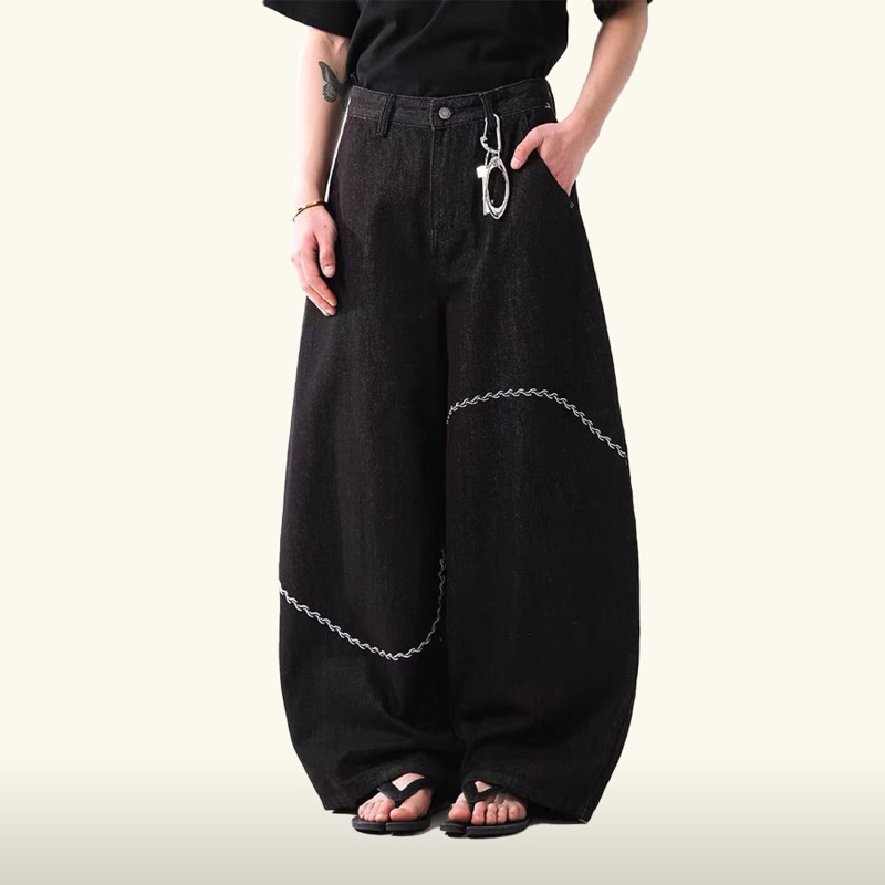 メンズ 黒 ファッション メンズ黒デニム刺繍入りワイドパンツ