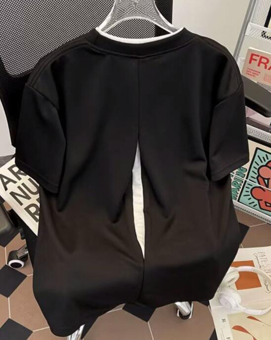 メンズ 黒 ファッション 黒スウェット半袖重ね着風メンズトップス