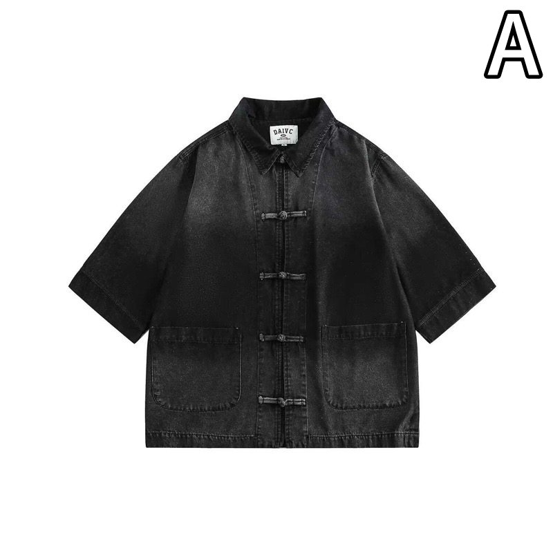 メンズ 黒 ファッション メンズ黒デニムジャケット中華風ボタン