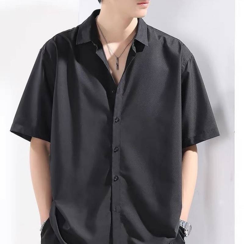 メンズ 黒 ファッション ワイドシルエット半袖ドレスシャツ