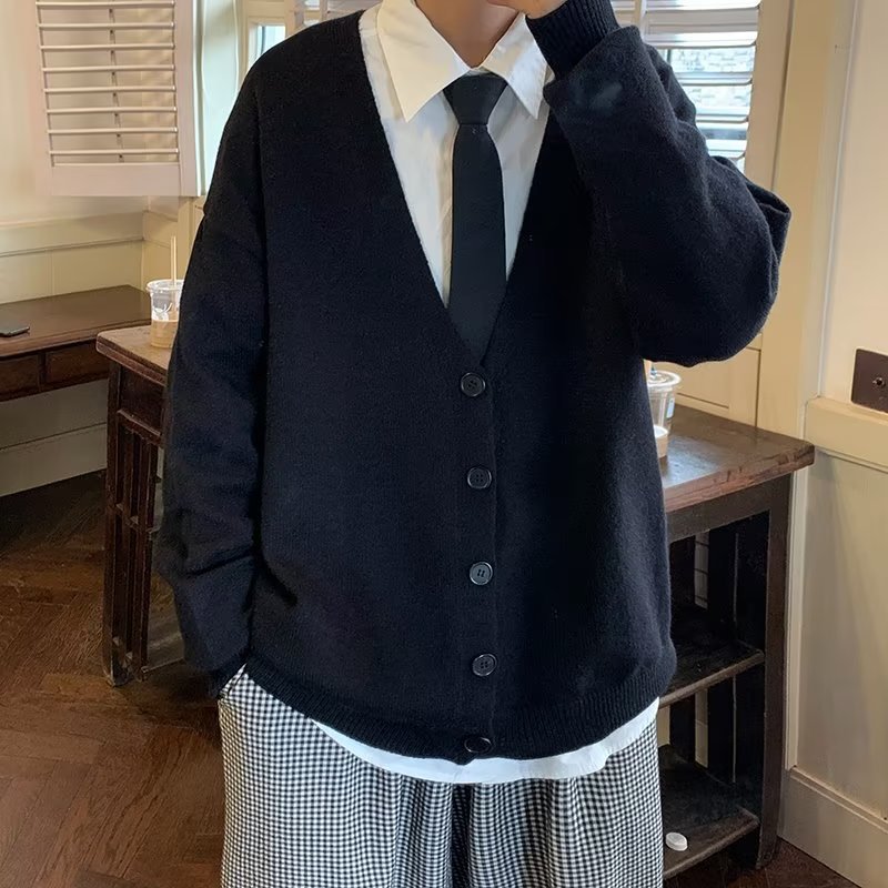 メンズ 黒 ファッション ゆったりシルエット学院風カーディガン