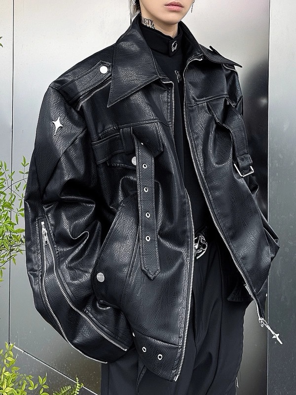 メンズ 黒 ファッション メンズ黒合皮ライダースジャケット星スタッズ付き