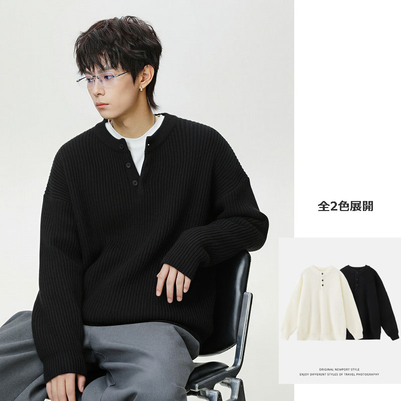 メンズ 黒 ファッション メンズ秋冬厚手ヘンリーネックニットセーター