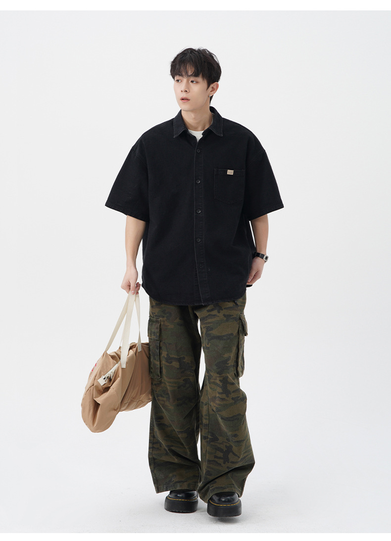 メンズ 黒 ファッション ワイドシルエット胸ポケット半袖シャツ