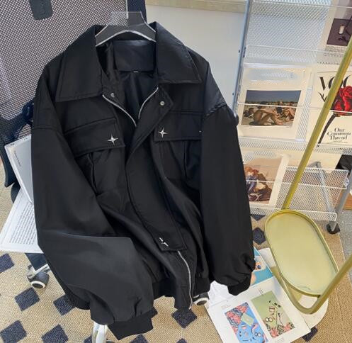 メンズ 黒 ファッション 秋冬メンズ黒ライダースジャケット星型装飾付き