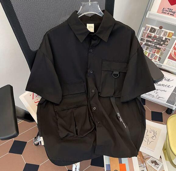 メンズ 黒 ファッション メンズ黒半袖カーゴシャツ多機能ポケット付き