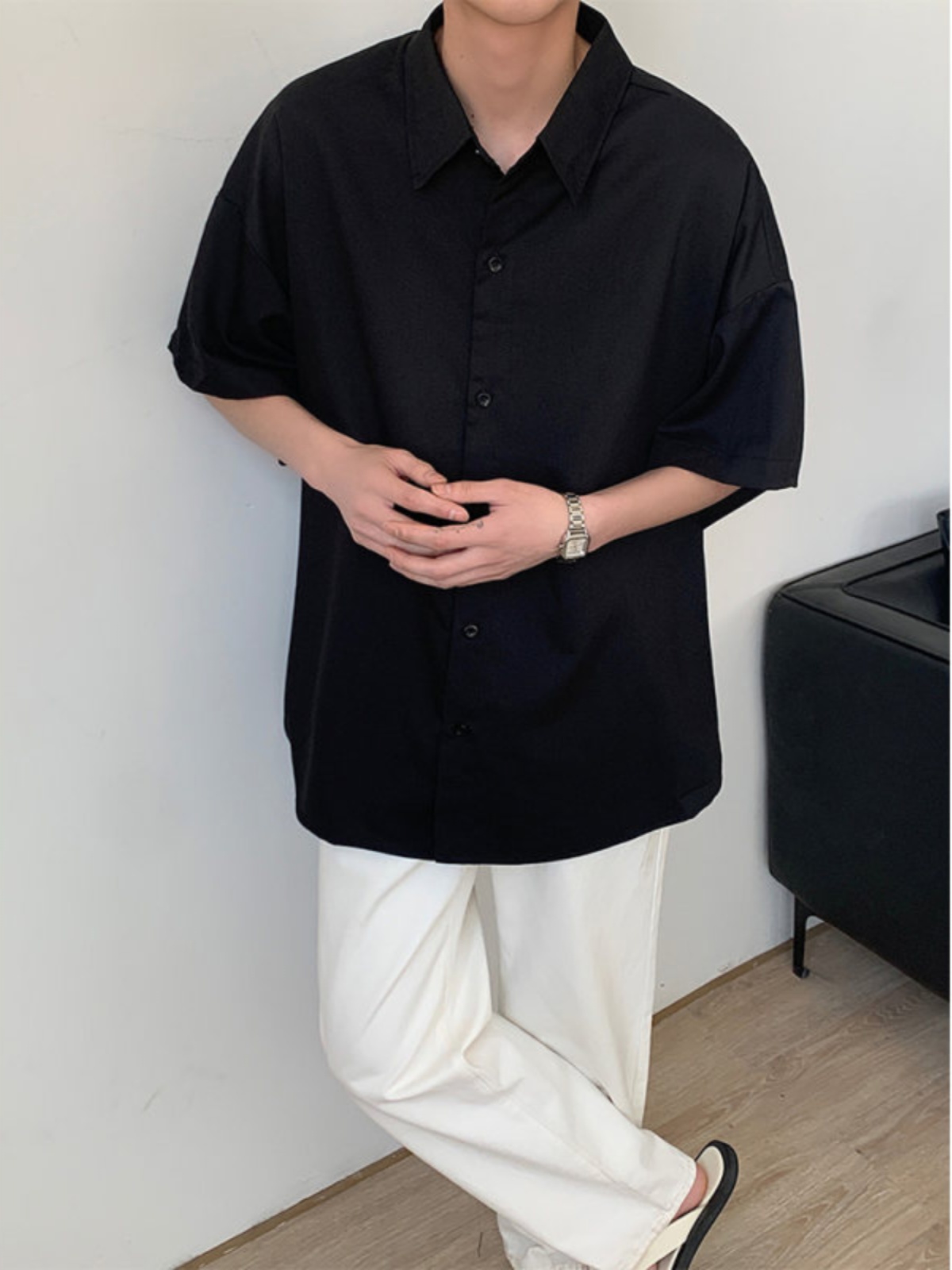 メンズ 黒 ファッション ゆったりシルエット半袖シャツ