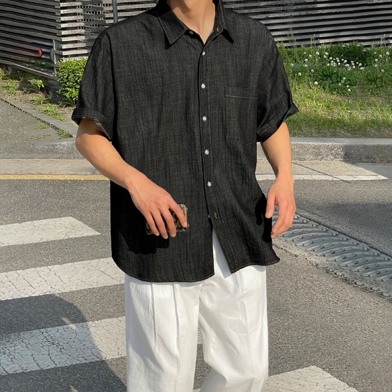 メンズ 黒 ファッション 落ち着きある半袖リネン調シャツ