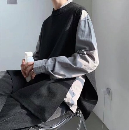 メンズ 黒 ファッション メンズ黒ニットベストおしゃれ重ね着トップス