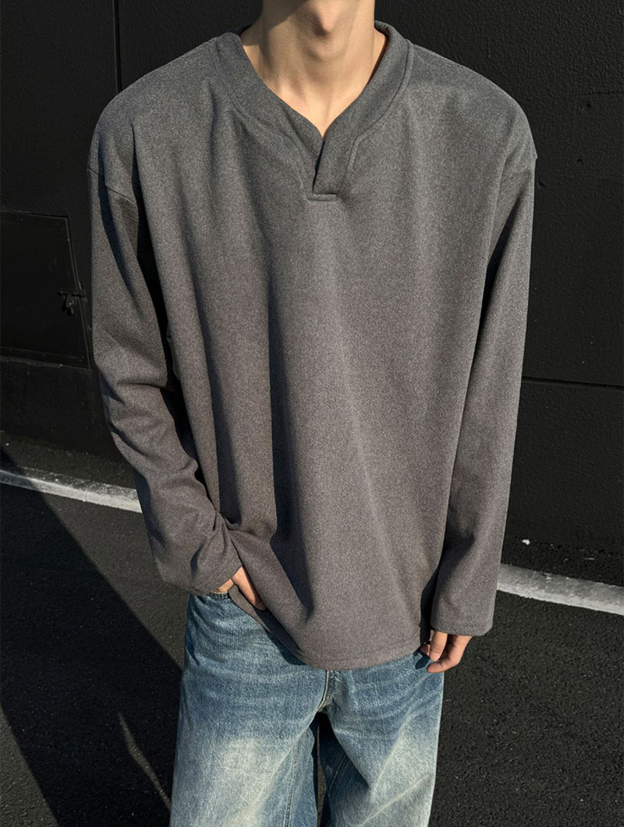 メンズ 黒 ファッション メンズブイネック長袖トップス暖かフリース素材