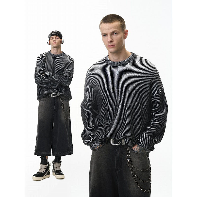 メンズ 黒 ファッション メンズ秋冬ストライプニットスウェット黒グレー切替