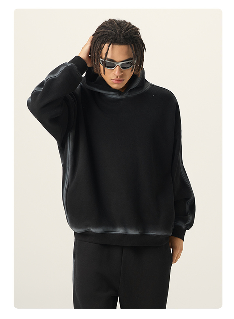 メンズ 黒 ファッション メンズ厚手裏起毛パーカー古着風水洗い加工全2色