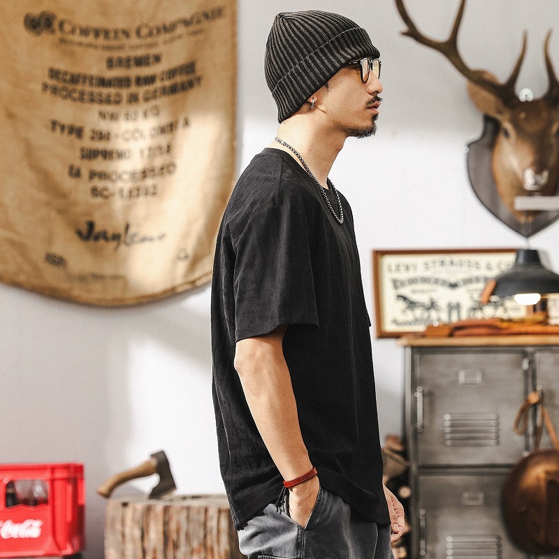 メンズ 黒 ファッション メンズ ヴィンテージ風ジャカード織半袖シャツ 黒 高級感カジュアル