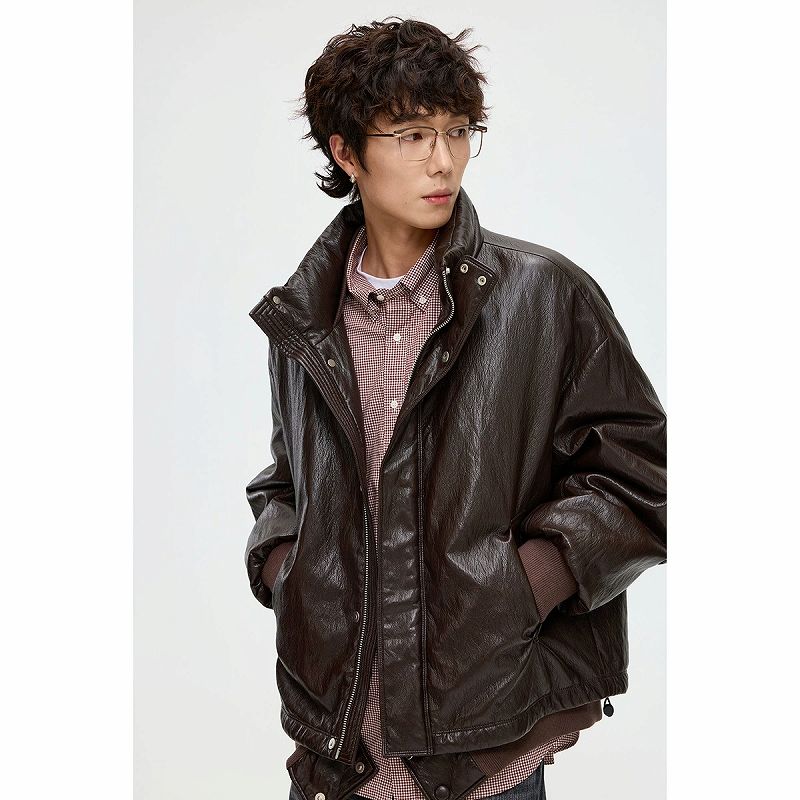 メンズ 黒 ファッション メンズ黒レザー調ダウンジャケット防寒アウター秋冬