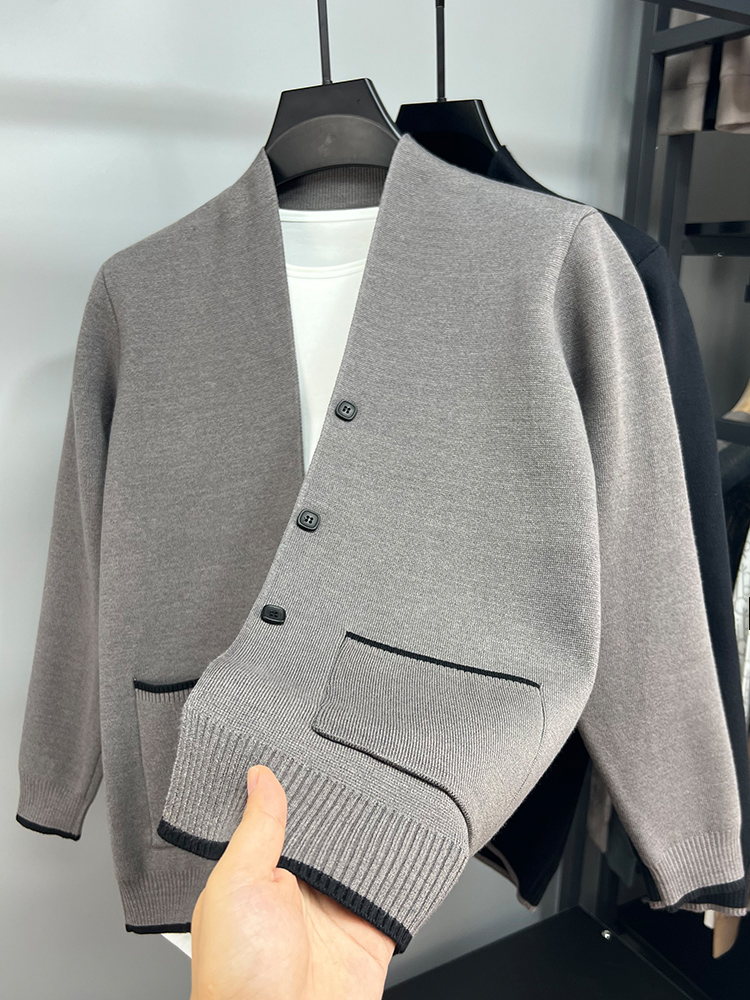メンズ 黒 ファッション バイカラー ノーカラーカーディガン