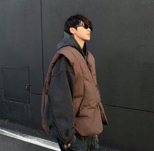 メンズ 黒 ファッション メンズ黒中綿ベスト袖なしアウター防寒