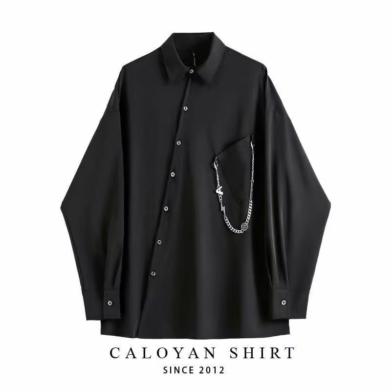 メンズ 黒 ファッション 長袖チェーン付き黒シャツ メンズカジュアル