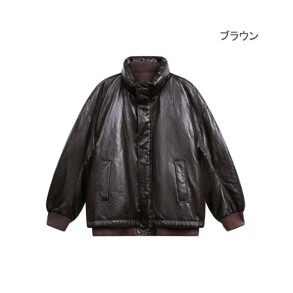 メンズ 黒 ファッション メンズ黒レザー調ダウンジャケット防寒アウター秋冬