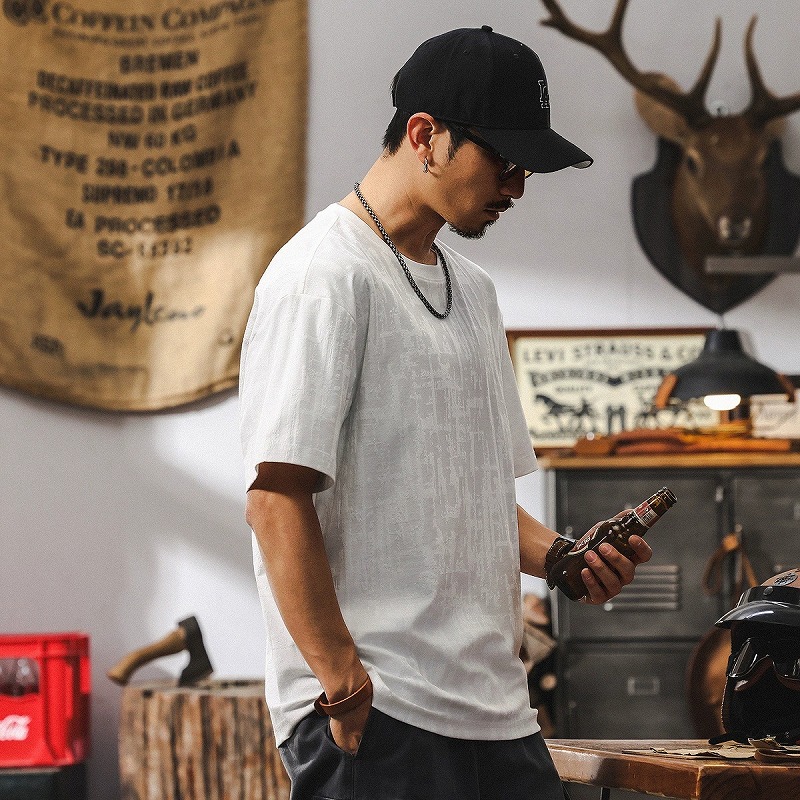 メンズ 黒 ファッション メンズ ヴィンテージ風ジャカード織半袖シャツ 黒 高級感カジュアル