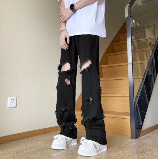 メンズ 黒 ファッション メンズ黒ワイドパンツダメージ加工