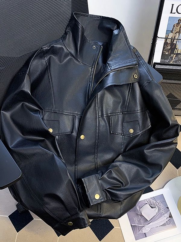 メンズ 黒 ファッション メンズ黒合成皮革ジャケット金具ボタン付き