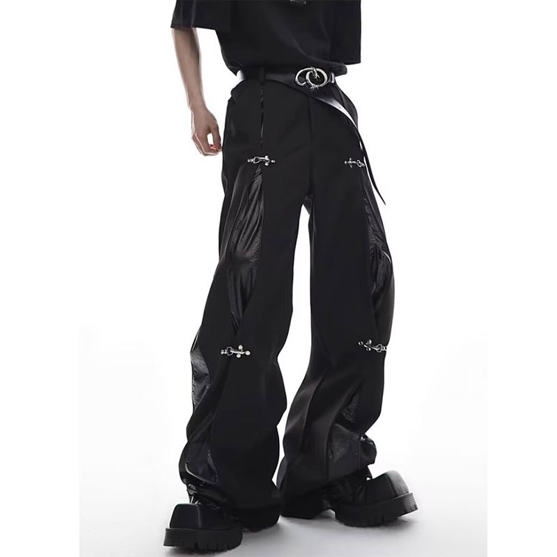 メンズ 黒 ファッション メンズ 黒 合成革切替 ワイドパンツ ストリート系