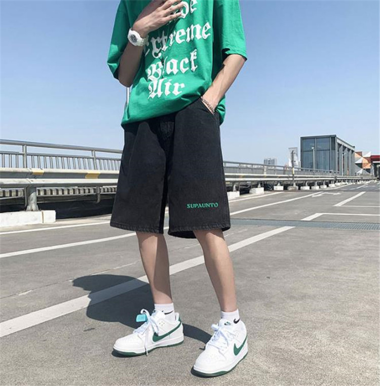 メンズ 黒 ファッション メンズ黒ダメージデニムハーフパンツ夏用ゆったり