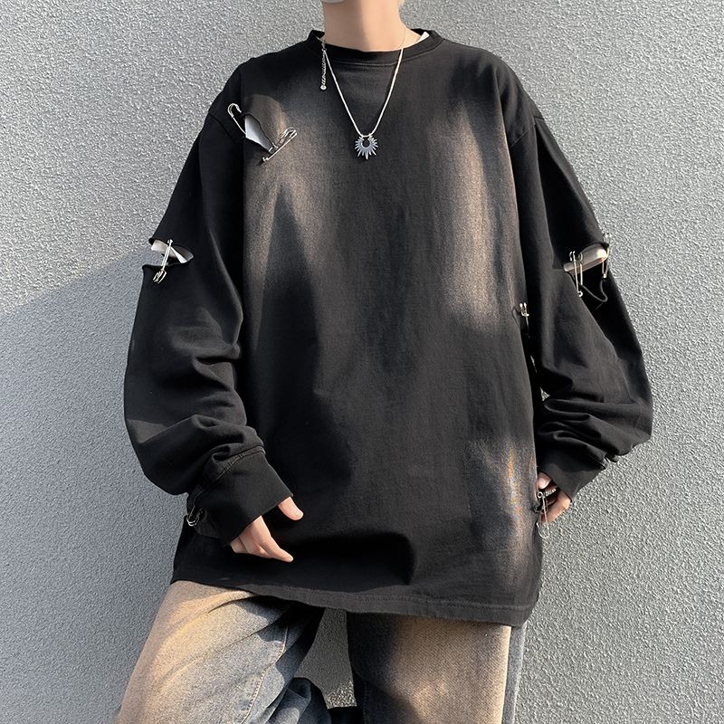 メンズ 黒 ファッション メンズ黒スウェット クルーネック ダメージ加工 長袖