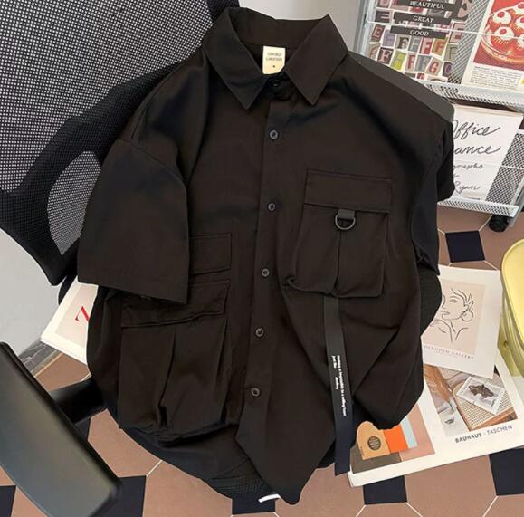 メンズ 黒 ファッション メンズ黒半袖カーゴシャツ多機能ポケット付き