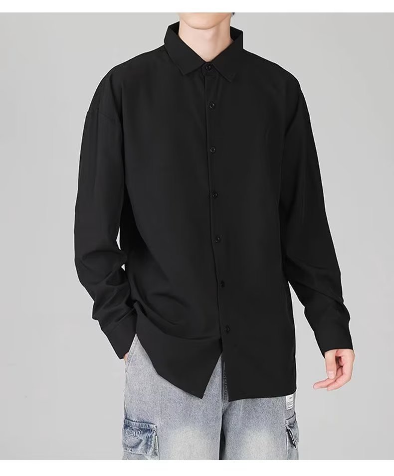 メンズ 黒 ファッション 艶やかシルエット長袖シャツ