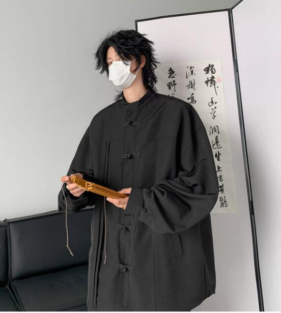 メンズ 黒 ファッション メンズ黒チャイナボタン長袖シャツ