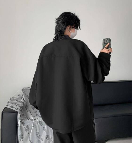 メンズ 黒 ファッション メンズ黒チャイナボタン長袖シャツ