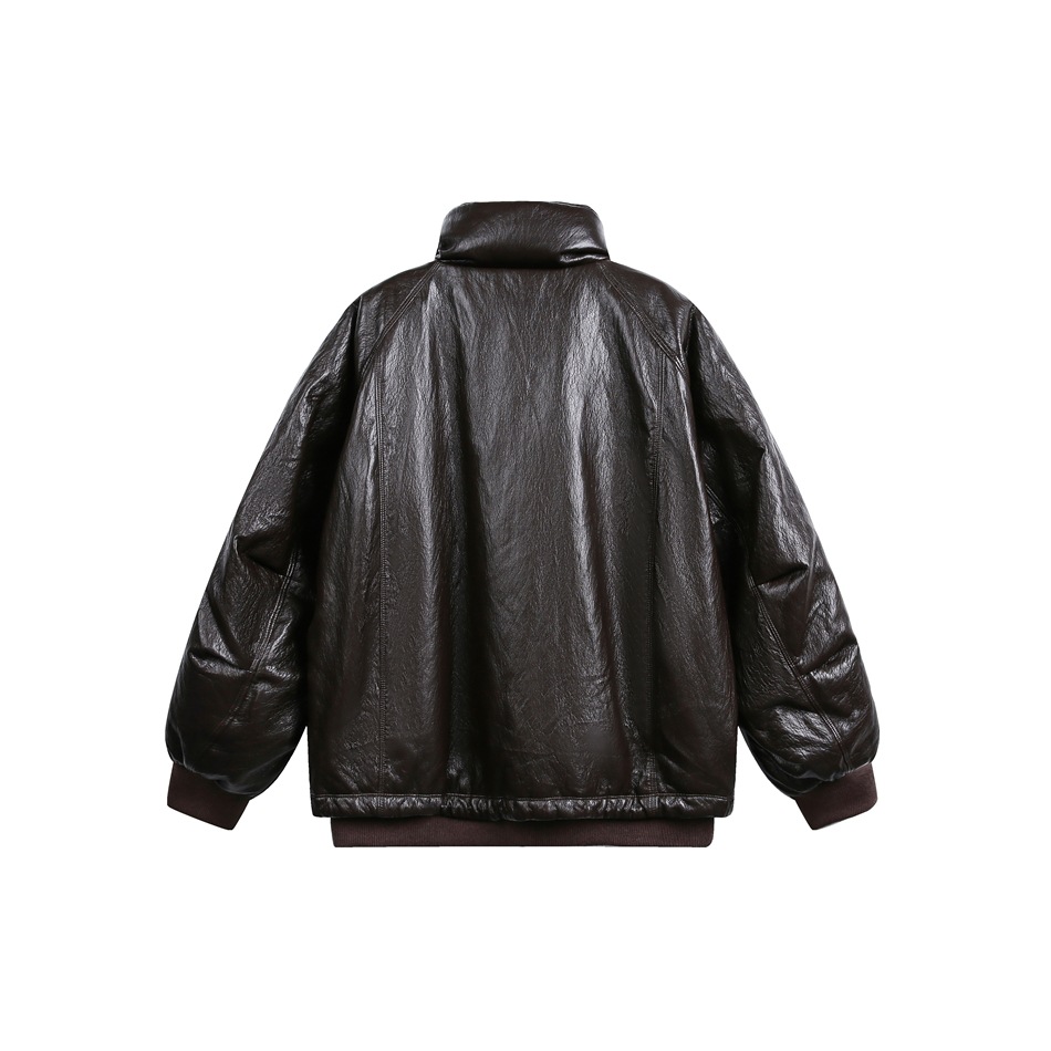 メンズ 黒 ファッション メンズ黒レザー調ダウンジャケット防寒アウター秋冬