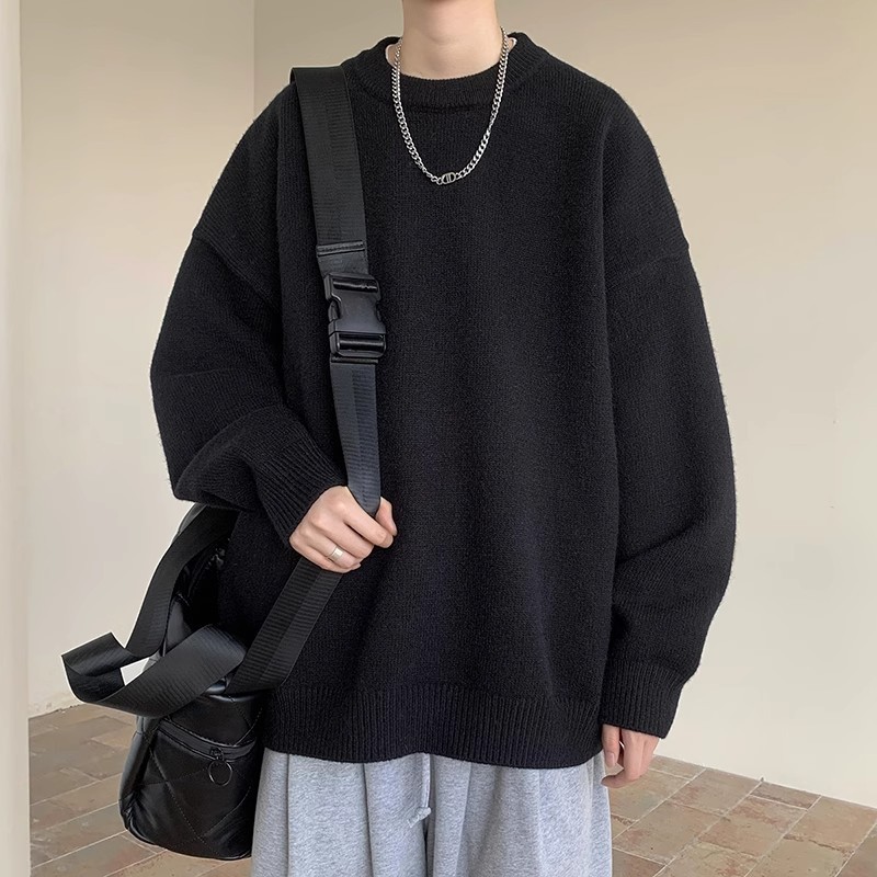 メンズ 黒 ファッション シンプル重ね着風ゆったりスウェット