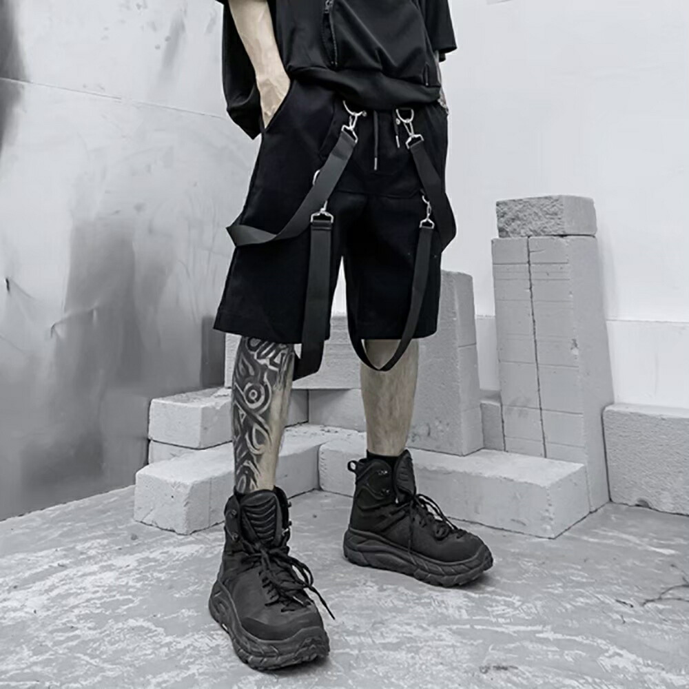 メンズ 黒 ファッション 黒カーゴハーフパンツ ベルト付き膝丈ボトムス