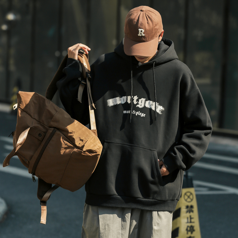 メンズ 黒 ファッション 古典書体プリント フード付きパーカー