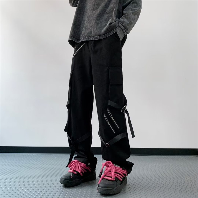 メンズ 黒 ファッション メンズ黒カーゴパンツ ベルト付きハイウエストワークボトムス