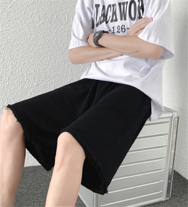 メンズ 黒 ファッション 夏用黒デニムハーフパンツ メンズゆったりワイド五分丈