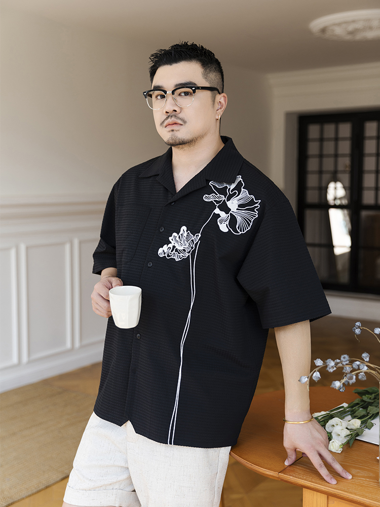 メンズ 黒 ファッション 花影刺繍オープンカラーシャツ