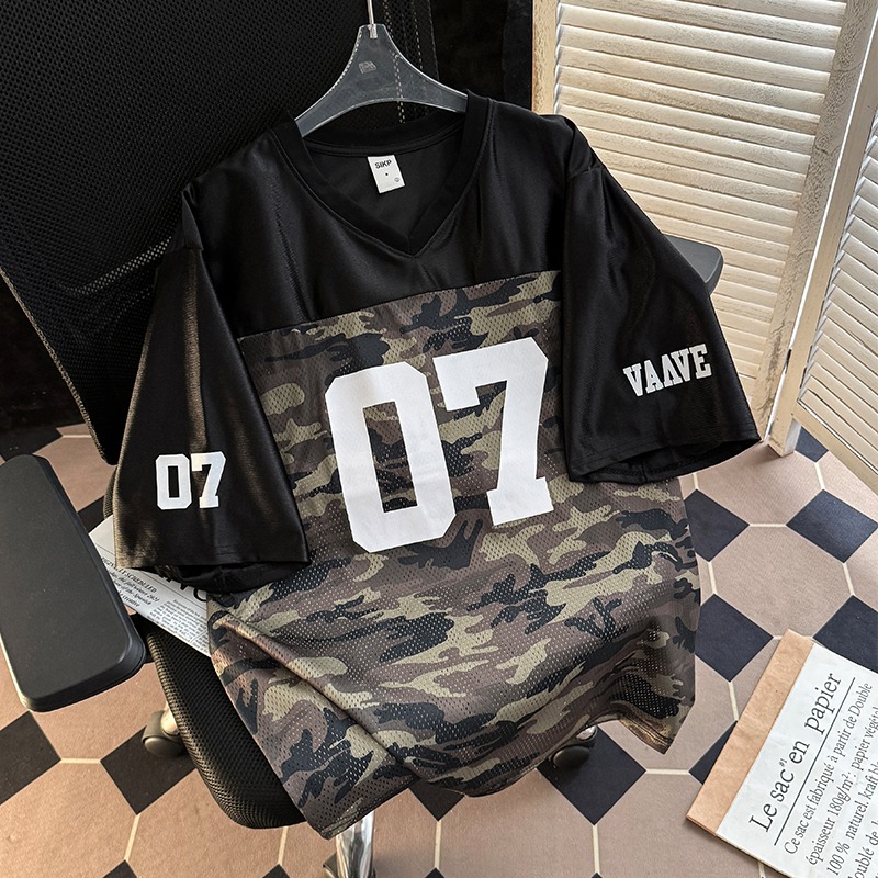 メンズ 黒 ファッション 黒×迷彩 数字プリント半袖切替Tシャツ