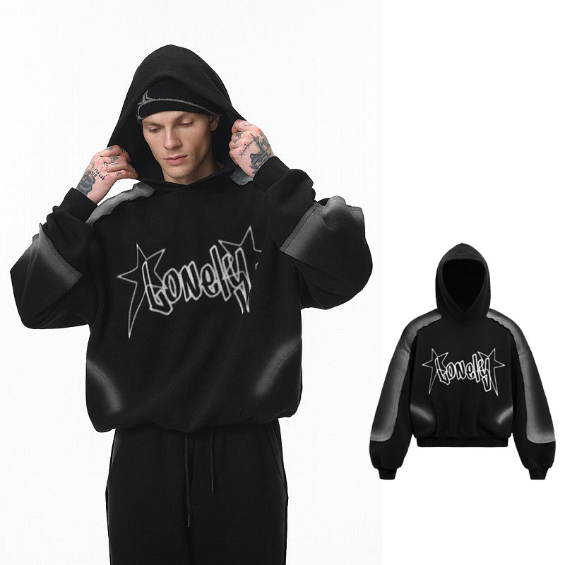 メンズ 黒 ファッション メンズ 秋新作 黒グレー配色パーカー ストリート風