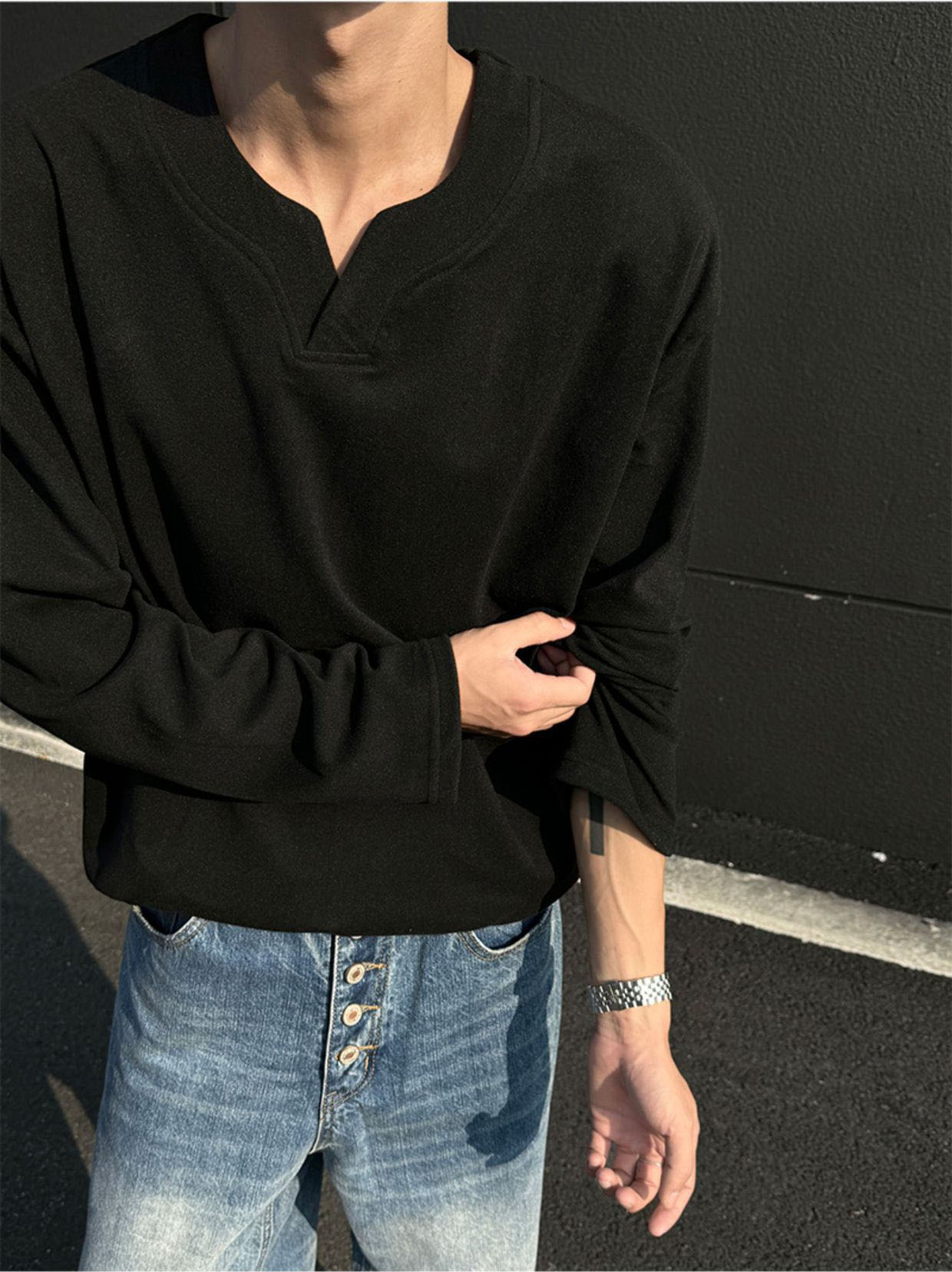 メンズ 黒 ファッション メンズブイネック長袖トップス暖かフリース素材