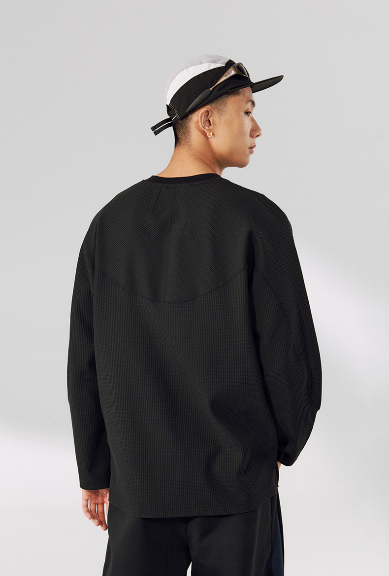 メンズ 黒 ファッション メンズ 秋新作 ワッフル編みスウェット 高伸縮速乾 黒 トップス