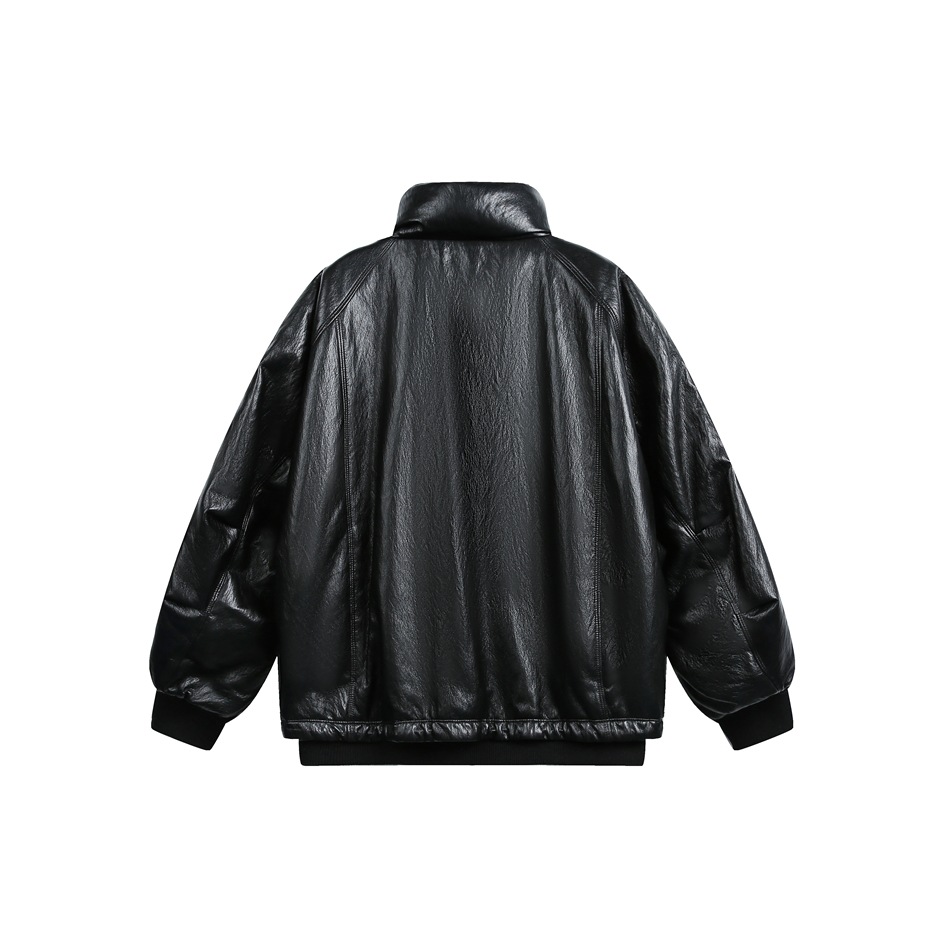 メンズ 黒 ファッション メンズ黒レザー調ダウンジャケット防寒アウター秋冬