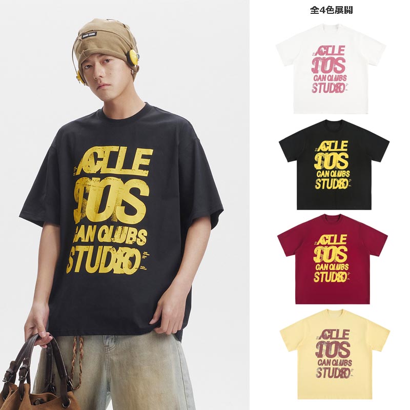 メンズ 黒 ファッション メンズ プリント半袖Tシャツ ストリート系 男女兼用 全4色