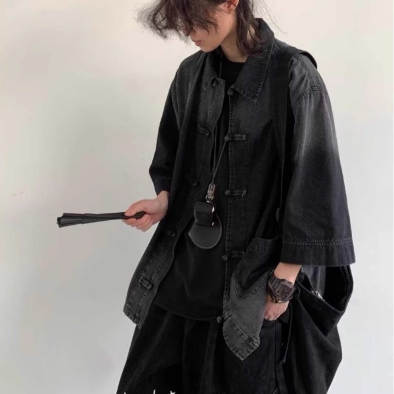 メンズ 黒 ファッション メンズ黒デニムジャケット中華風ボタン