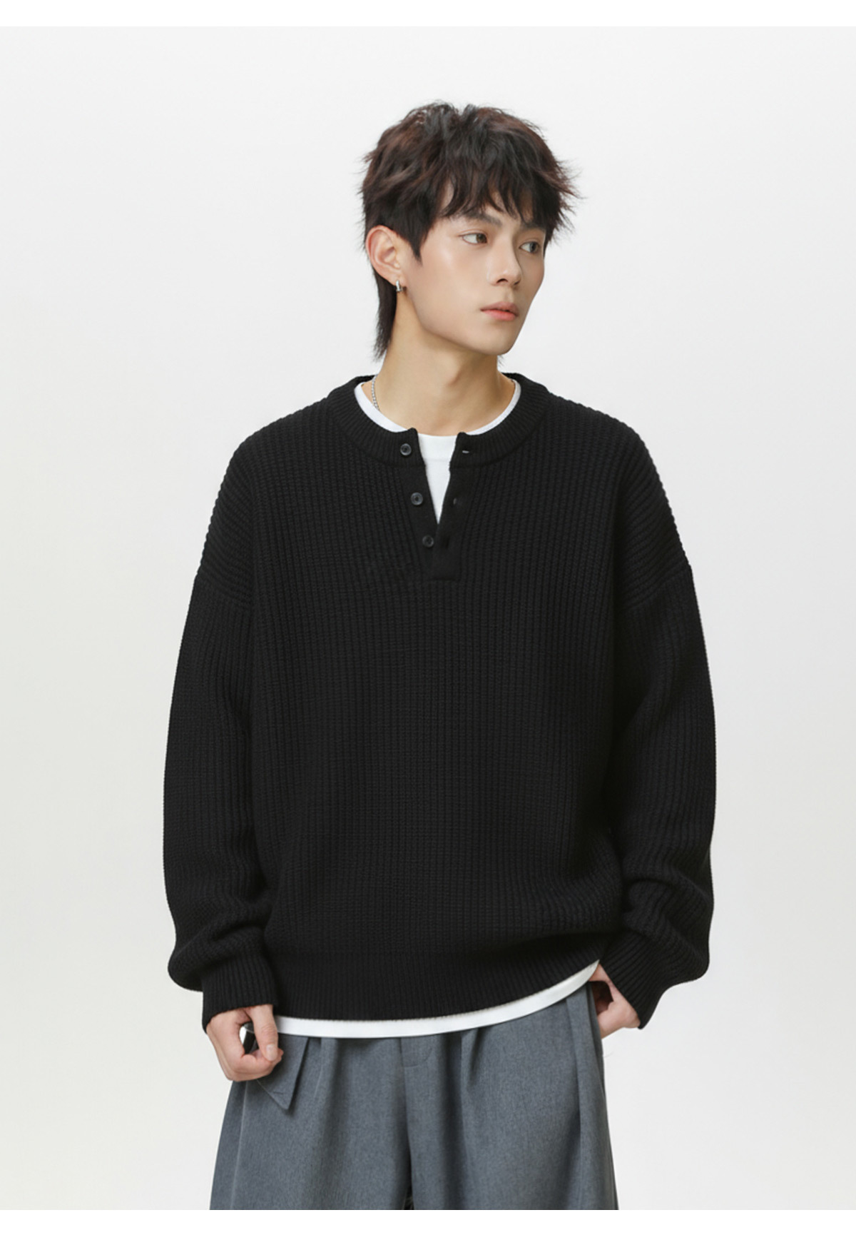 メンズ 黒 ファッション メンズ秋冬厚手ヘンリーネックニットセーター