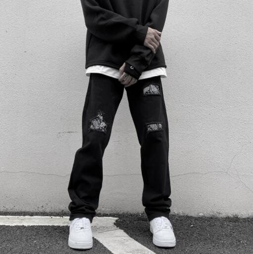 メンズ 黒 ファッション メンズ黒ダメージデニムパンツ