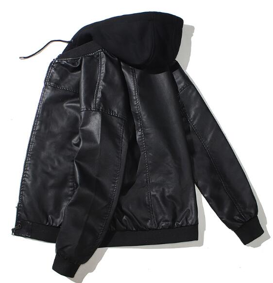 メンズ 黒 ファッション メンズ黒合成皮革フード付きジャケット