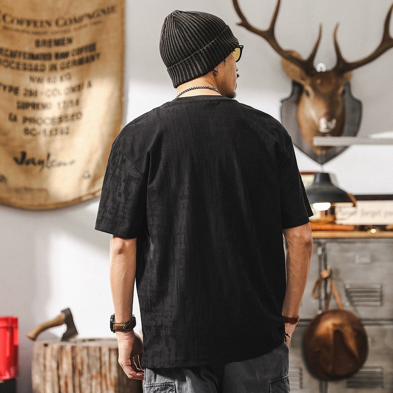 メンズ 黒 ファッション メンズ ヴィンテージ風ジャカード織半袖シャツ 黒 高級感カジュアル